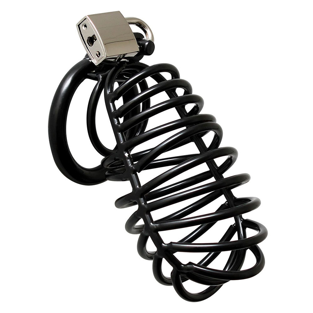 Black Metal Male Chastity Device With Padlock